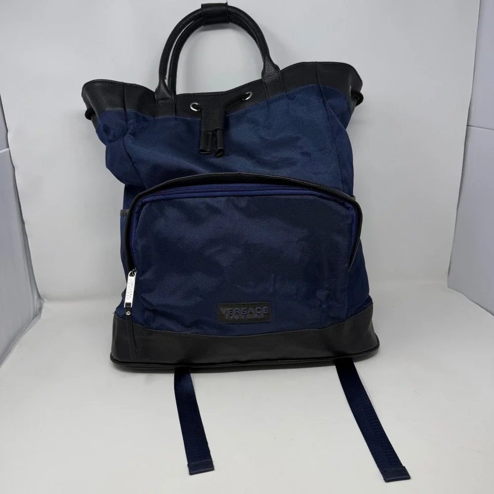Versace Parfums Navy Blue Nylon Backpack Tote Bag Greca Straps Black Trim